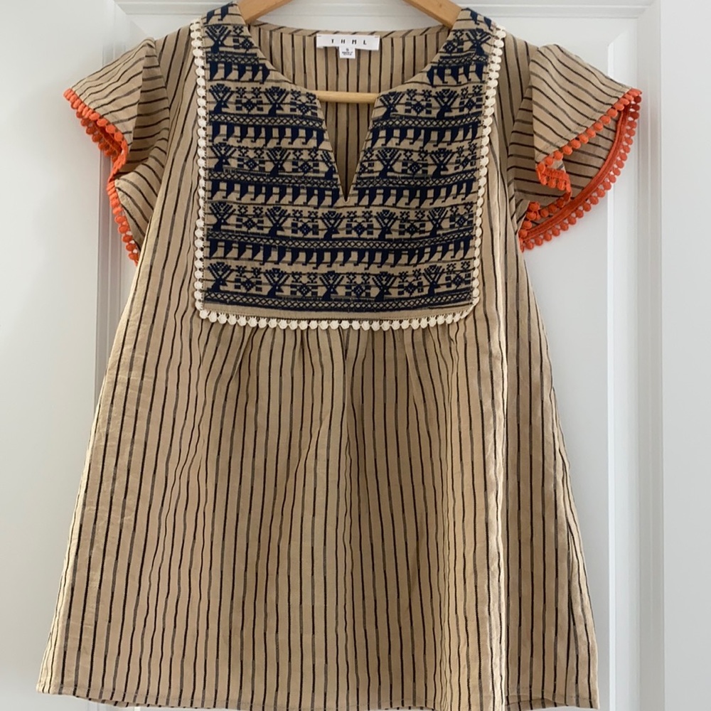 THML Beige Striped Tunic with Navy Embroidery and Orange Trim